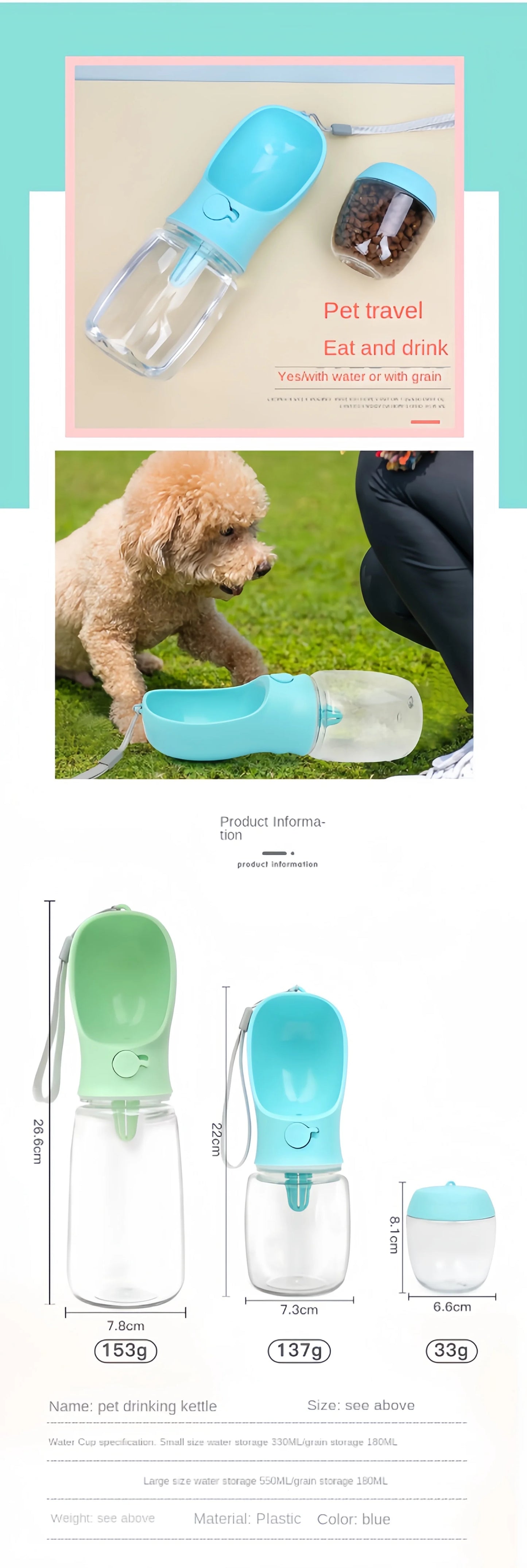 Botella de agua y comida portátil para mascotas